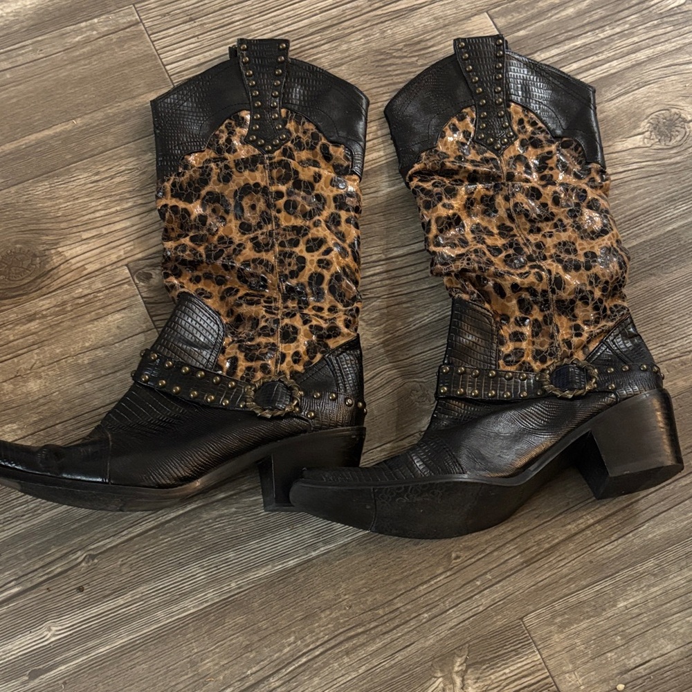 J.Renee Black and Leopard Heeled Boots